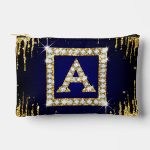 Gold Monogram Initial A With Blue Glitter Accessory Pouch