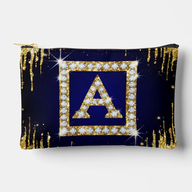 Gold Monogram Initial A With Blue Glitter Accessory Pouch (Front)