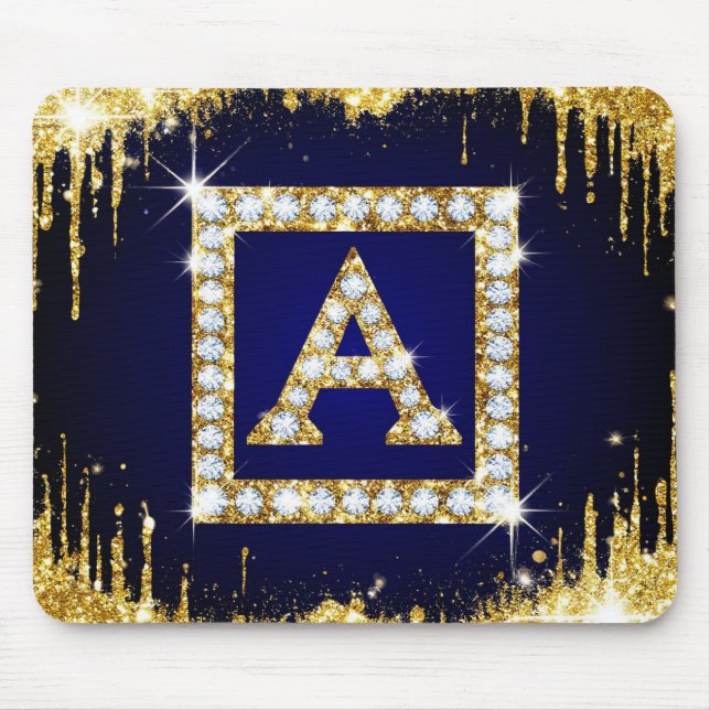 Gold Monogram Initial A With Blue Glitter Mouse Pad (Front)