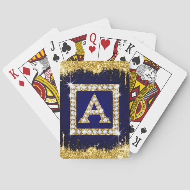 Gold Monogram Initial A With Blue Glitter Playing Cards (Back)