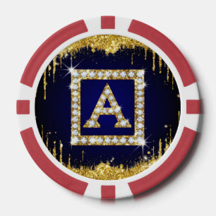 Gold Monogram Initial A With Blue Glitter Poker Chips