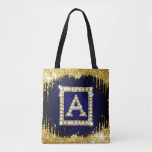 Gold Monogram Initial A With Blue Glitter Tote Bag