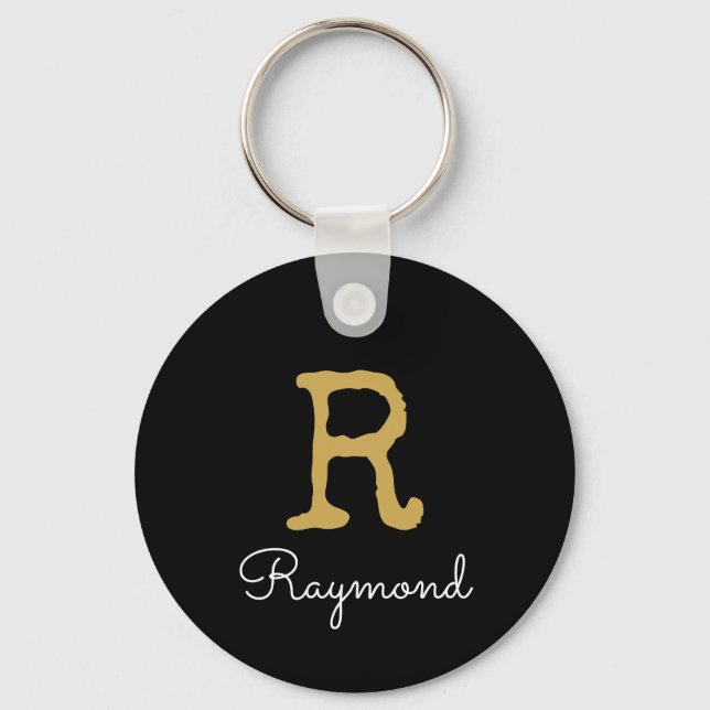 Gold Monogram Initial and Name Monogram black    Key Ring (Front)
