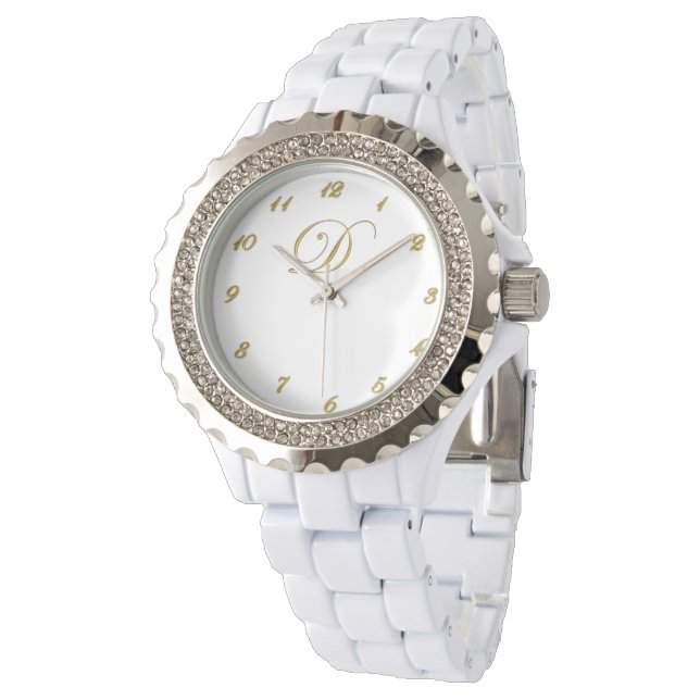 Gold Monogram Initial D Watch with Gold Numbers (Angled)