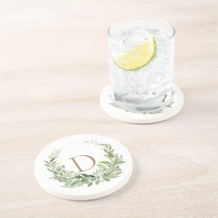 Gold Monogram Initial Foliage White Coaster