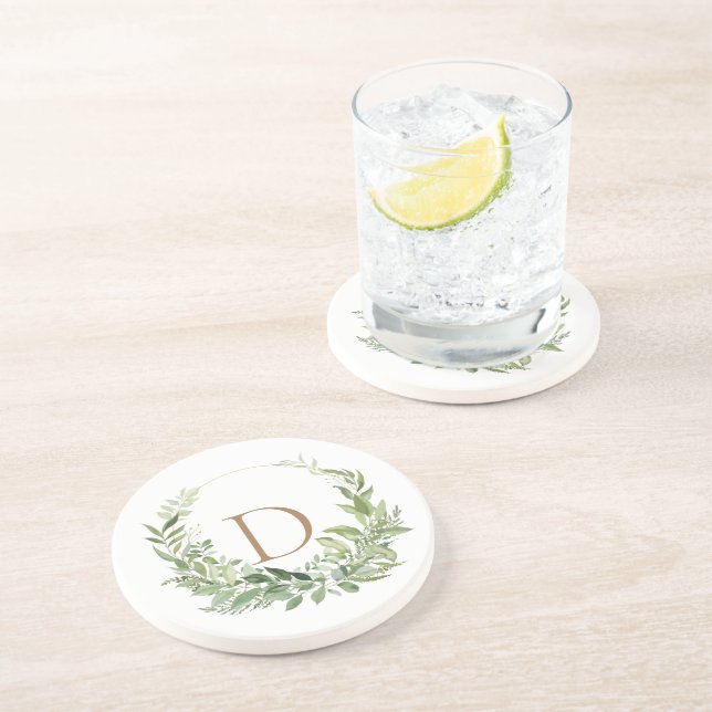 Gold Monogram Initial Foliage White Coaster (Side)