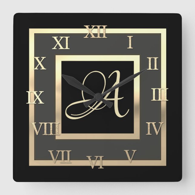 Gold Monogram Initial Framed Any Colour Roman Num Square Wall Clock (Front)