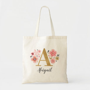 Gold Monogram Initial Letter "A" Floral Tote Bag