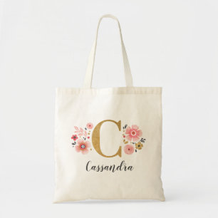 Gold Monogram Initial Letter "C" Floral Tote Bag