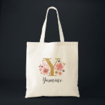 Gold Monogram Initial Letter "Y" floral Tote Bag<br><div class="desc">A beautiful,  feminine monogrammed pink floral tote bag featuring pink flowers and a faux gold monogram letter "Y". Personalise the tote bag by adding your name underneath the monogram. Makes a fun gift for a friend or for a bridesmaid gift. Designed for you by Blackberry Boulevard.</div>