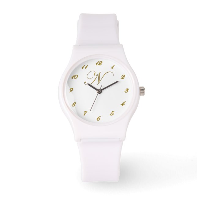 Gold Monogram Initial N Watch with Gold Numbers (Front)