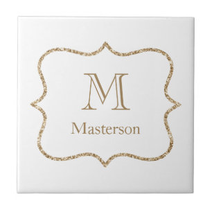 Gold Monogram Initial Name White Gold Trendy Ceramic Tile