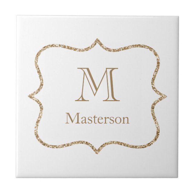 Gold Monogram Initial Name White Gold Trendy  Ceramic Tile (Front)