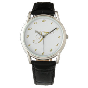 Gold Monogram Initial T Watch with Gold Numbers