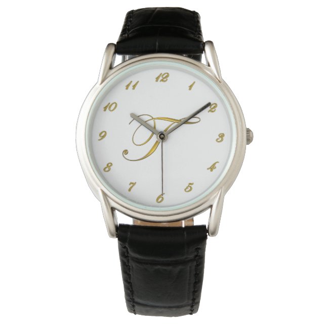 Gold Monogram Initial T Watch with Gold Numbers (Front)