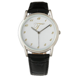 Gold Monogram Initial T Watch with Gold Numbers