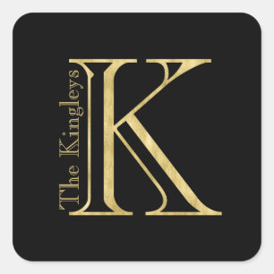 Gold Monogram K and Name on Any Colour Square Sticker