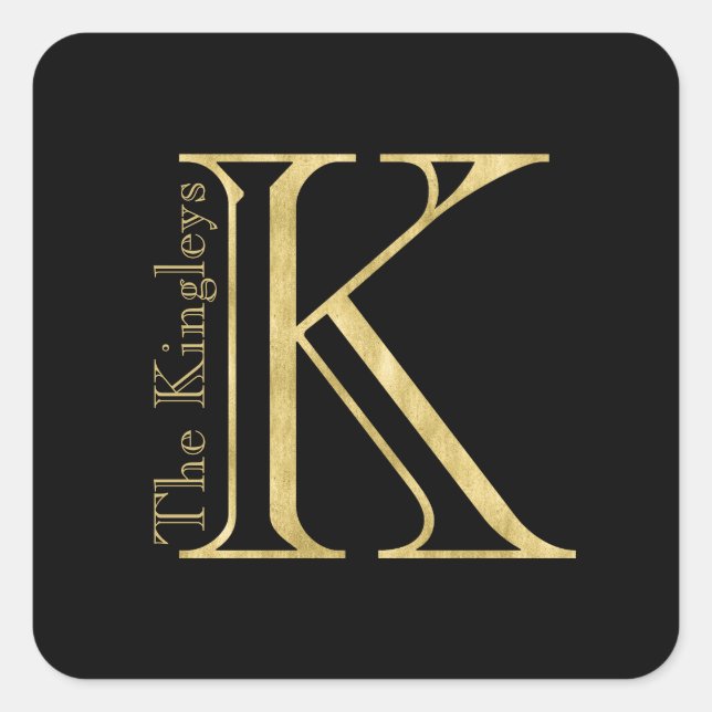 Gold Monogram K and Name on Any Colour Square Sticker (Front)