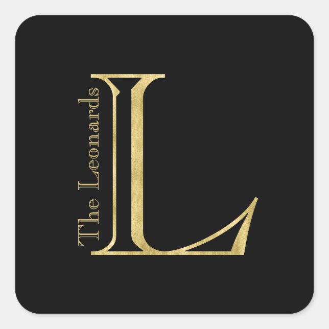 Gold Monogram L and Name on Any Colour Square Sticker (Front)