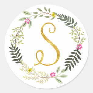 Gold Monogram Leaf S Classic Round Sticker