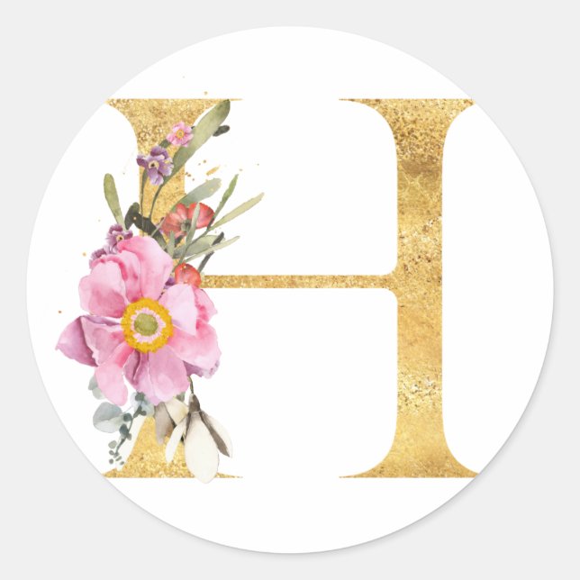 Gold MONOGRAM letter H with flowers Classic Round Sticker (Front)