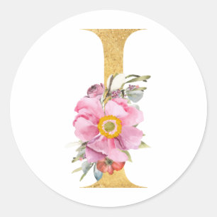 Gold MONOGRAM letter I with flowers Classic Round Sticker