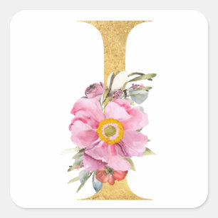 Gold MONOGRAM letter I with flowers Square Sticker