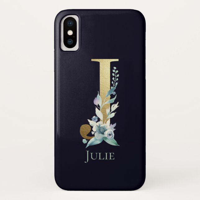Gold Monogram Letter J Navy Blue Floral Name Case-Mate iPhone Case (Back)