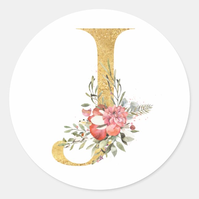 Gold MONOGRAM letter J with flowers Classic Round Sticker (Front)