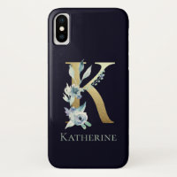 Gold Monogram Letter K Navy Blue Floral Name
