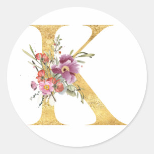 Gold MONOGRAM letter K with flowers Classic Round Sticker