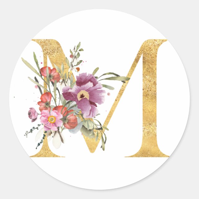 Gold MONOGRAM letter M with flower Classic Round Sticker (Front)