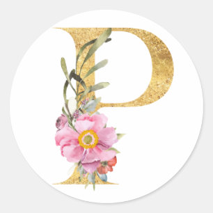 Gold MONOGRAM letter P with flower Classic Round Sticker