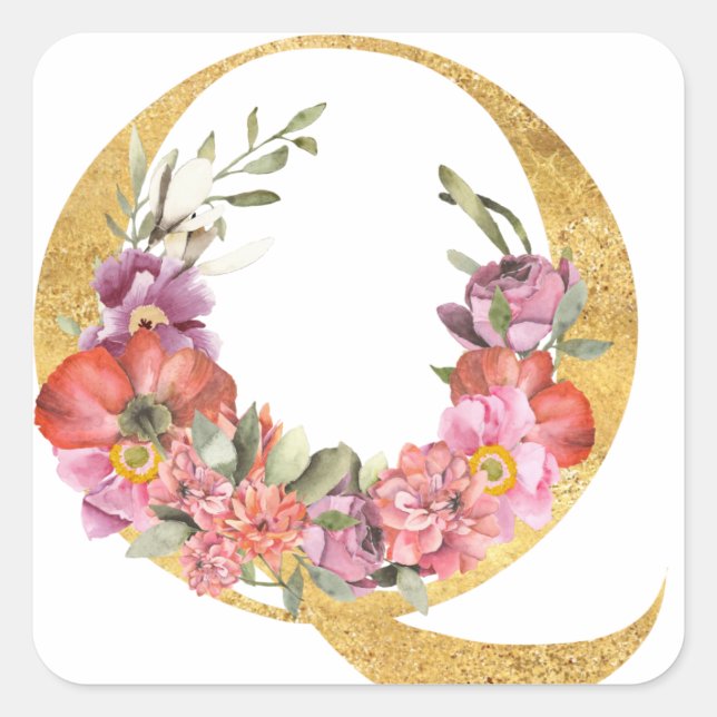 Gold MONOGRAM letter Q with flower Square Sticker (Front)