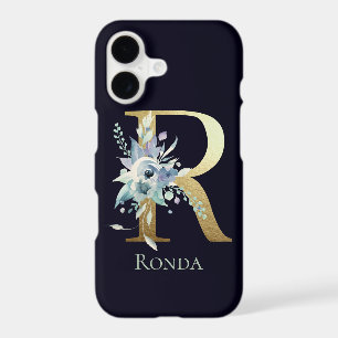 Gold Monogram Letter R Navy Blue Floral Name