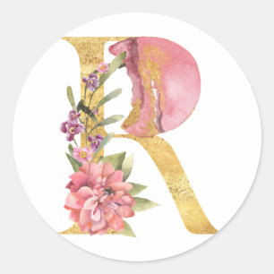 Gold MONOGRAM letter R with flower Classic Round Sticker