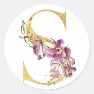 Gold MONOGRAM letter S with flower Classic Round Sticker