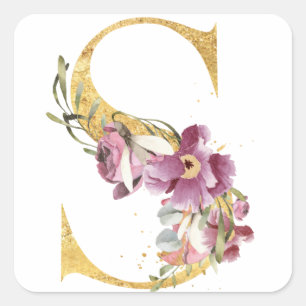 Gold MONOGRAM letter S with flower Square Sticker