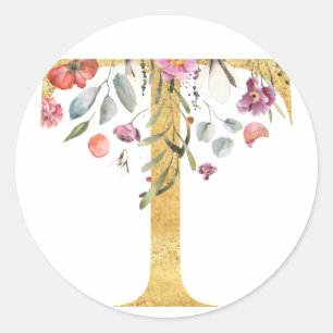 Gold MONOGRAM letter T with flower Classic Round Sticker