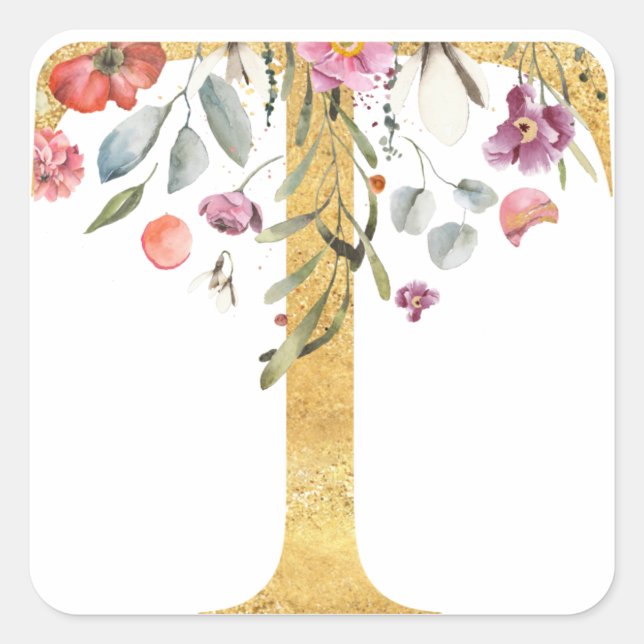 Gold MONOGRAM letter T with flower Square Sticker (Front)
