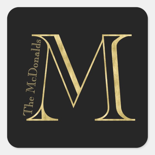 Gold Monogram M and Name on Any Colour Square Sticker (Front)