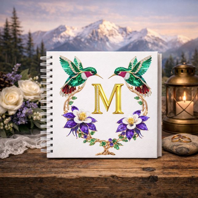 Gold Monogram M Hummingbird Jeweled Wedding Notebook (Creator Uploaded)