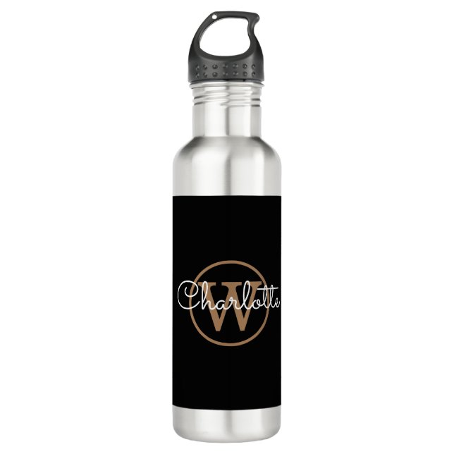 Gold Monogram Modern Script Black  710 Ml Water Bottle (Front)