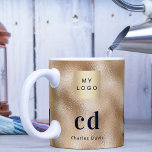 Gold monogram name business logo coffee mug<br><div class="desc">A faux gold background. Personalise and add your business logo (3),  a name and monogram initials (3). The name is written in white with modern white and golden block letters.</div>