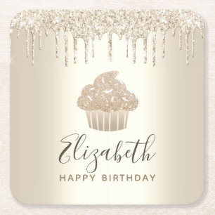 Gold monogram name cupcake glitter drips script square paper coaster