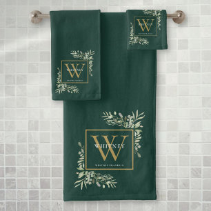 Gold Monogram Name Greenery Emerald Green Bath Towel Set