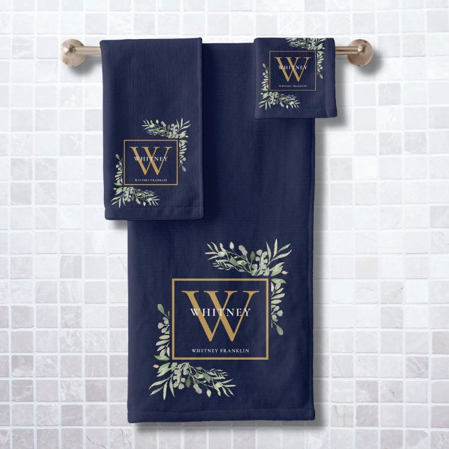 Gold Monogram Name Greenery Navy Blue Bath Towel Set (Creator Uploaded)