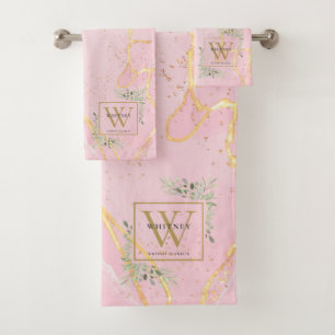 Gold Monogram Name Greenery Pink Agate Geode Bath Towel Set