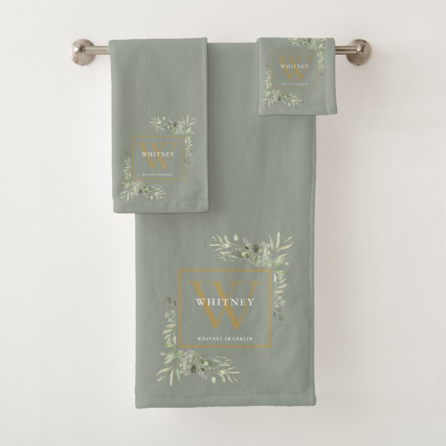 Gold Monogram Name Greenery Sage Green Bath Towel Set (Insitu)