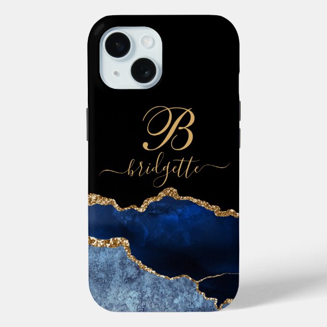 Gold Monogram Navy Blue Black Gold Agate Geode  Case-Mate iPhone Case (Back)
